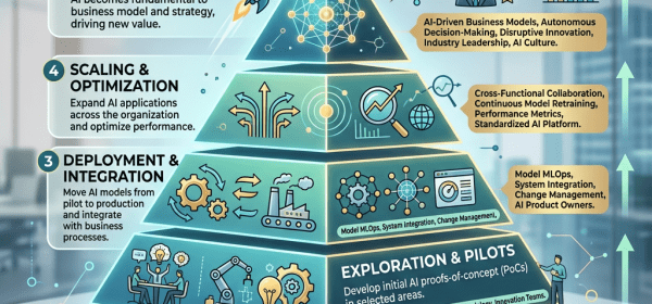 Pyramid showing five stages of AI transformation maturity: Foundation & Data, Exploration & Pilots, Deployment & Integration, Scaling & Optimization, Transformation & Innovation.
