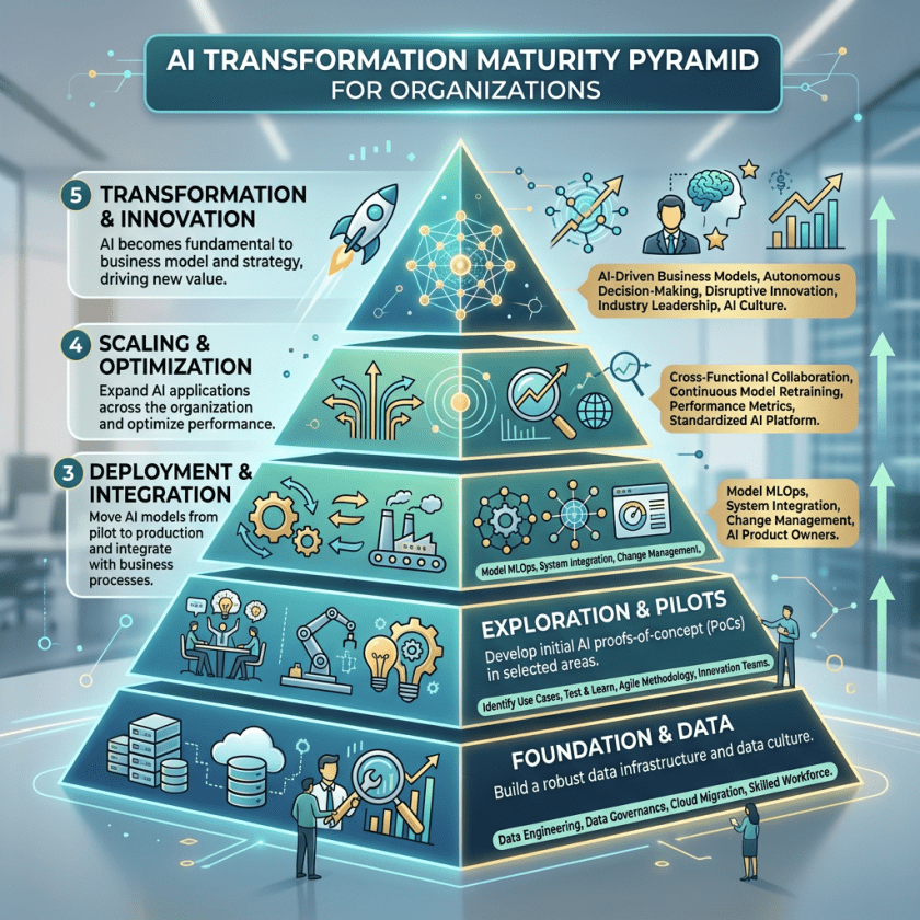Pyramid showing five stages of AI transformation maturity: Foundation & Data, Exploration & Pilots, Deployment & Integration, Scaling & Optimization, Transformation & Innovation.