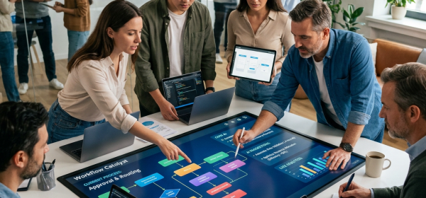 Team of six working on workflow diagram displayed on interactive touchscreen table