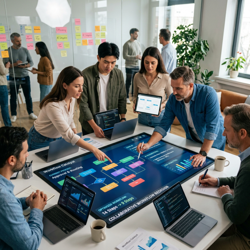 Team of six working on workflow diagram displayed on interactive touchscreen table