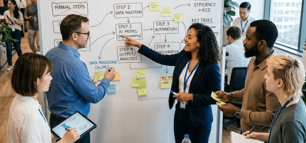Team discussing AI integration steps on whiteboard in office