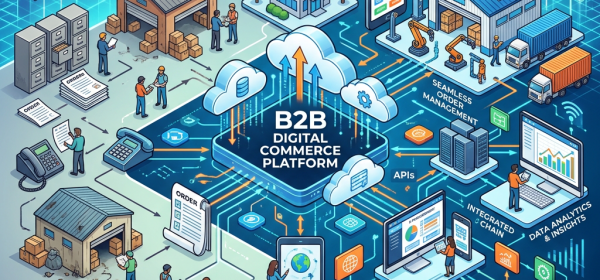 Comparison of traditional B2B commerce and digital commerce platform integrating order management, CRM, analytics, and global reach