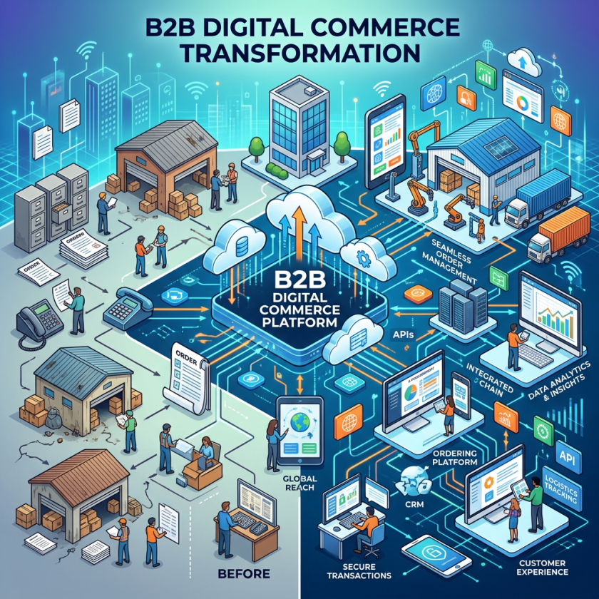 Comparison of traditional B2B commerce and digital commerce platform integrating order management, CRM, analytics, and global reach