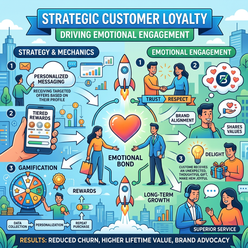 Diagram showing strategies like personalized messaging, tiered rewards, and gamification creating emotional customer loyalty and engagement