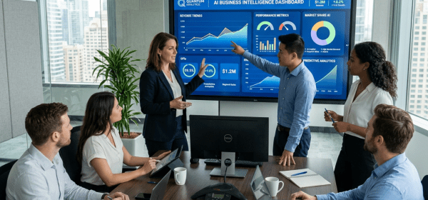 Five professionals discussing AI business intelligence dashboard with charts and graphs
