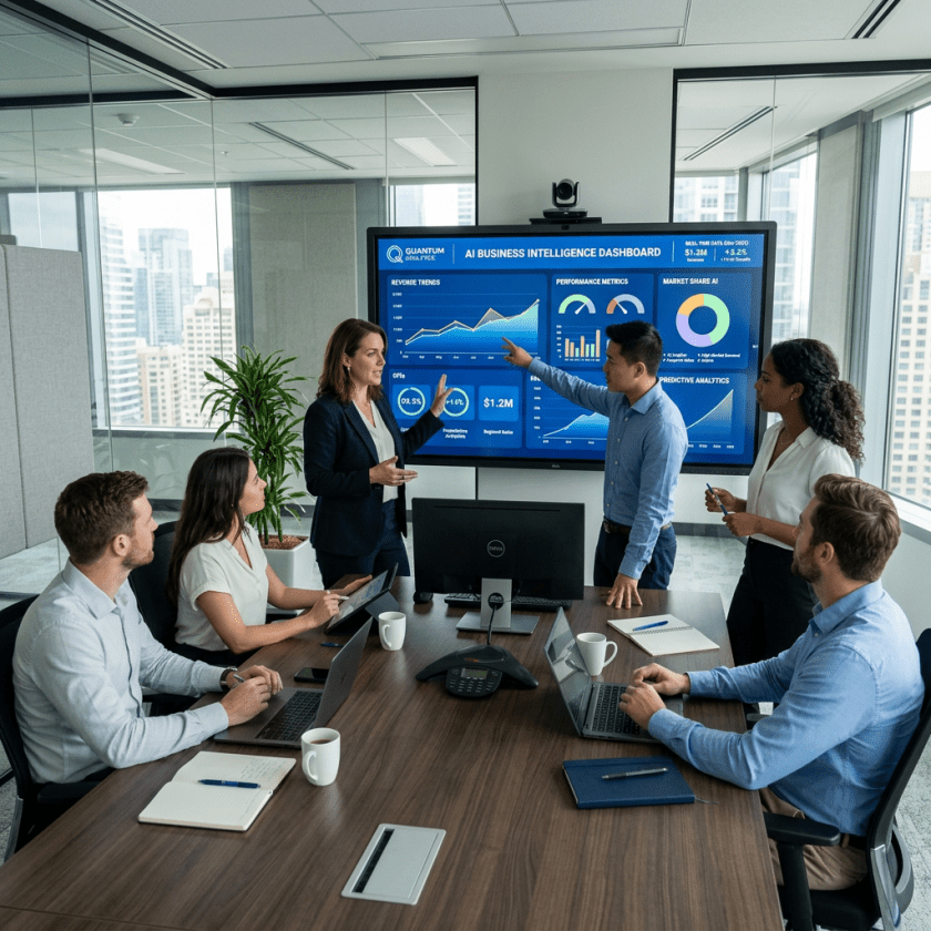 Five professionals discussing AI business intelligence dashboard with charts and graphs