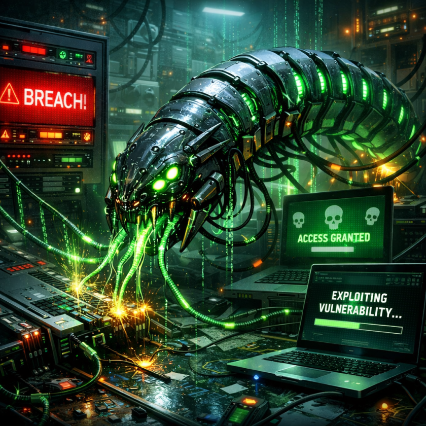 Robotic worm hacking computer systems with breach alerts and access granted messages