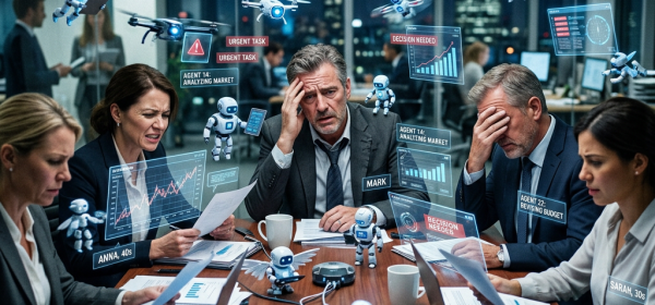 Business team looking stressed with holographic AI alerts and small flying and standing robots around them