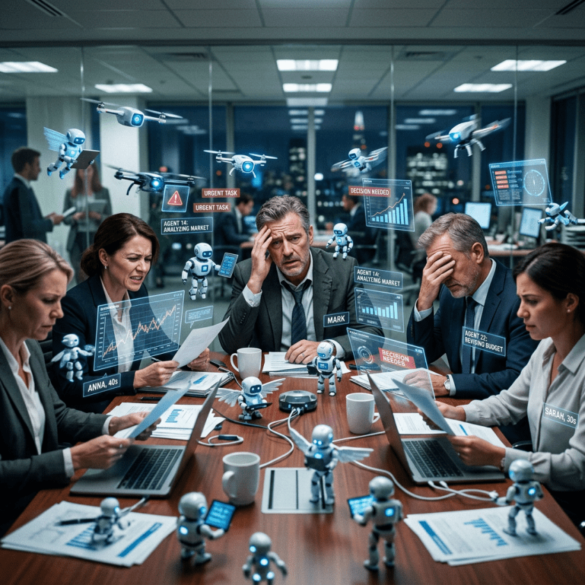 Business team looking stressed with holographic AI alerts and small flying and standing robots around them