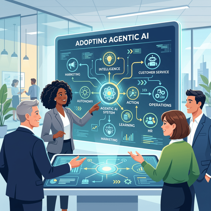 Four business professionals discussing agentic AI system with flowchart on screen