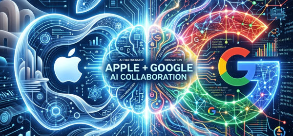 Apple and Google logos connected by digital neural network and circuit patterns symbolizing AI collaboration