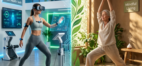 Split image showing a woman using smart health technology in a futuristic gym and an older woman practicing yoga in a cozy, sunlit room.