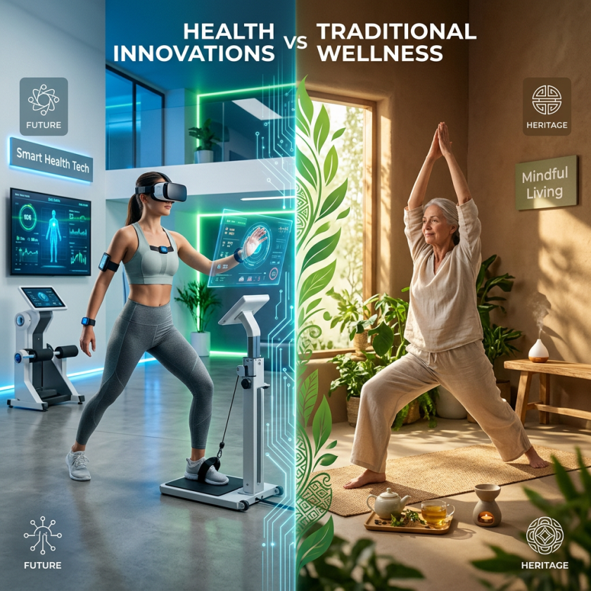 Split image showing a woman using smart health technology in a futuristic gym and an older woman practicing yoga in a cozy, sunlit room.