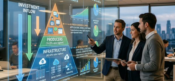 Three business professionals discussing AI investment value distribution chart on a transparent digital display