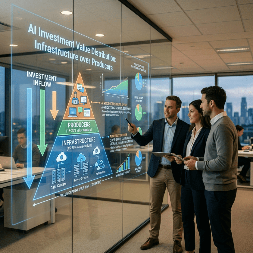Three business professionals discussing AI investment value distribution chart on a transparent digital display