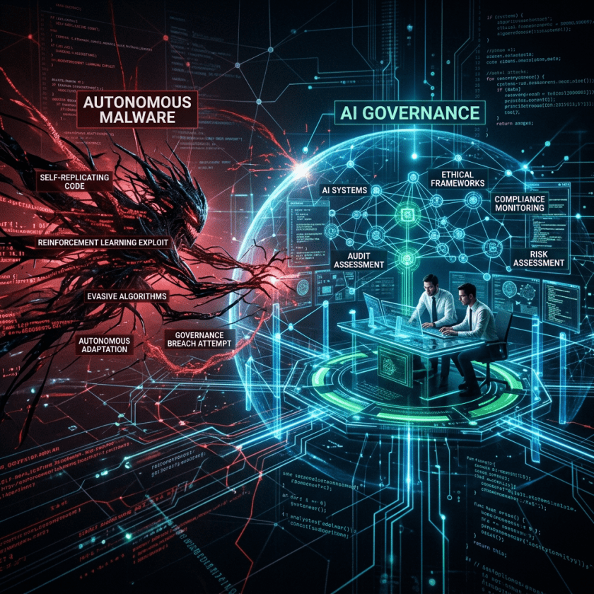 Digital representation of autonomous malware opposing AI governance systems with labeled cybersecurity concepts