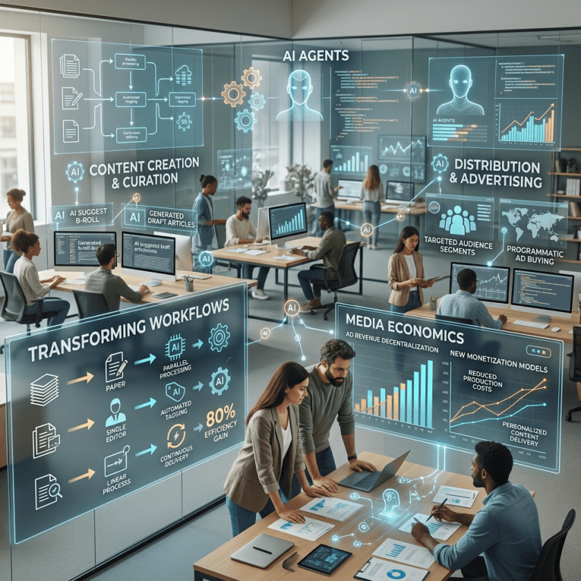 People working with AI-powered media content creation and distribution dashboards in office