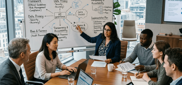 Business team in office meeting discussing AI governance strategy with whiteboard presentation