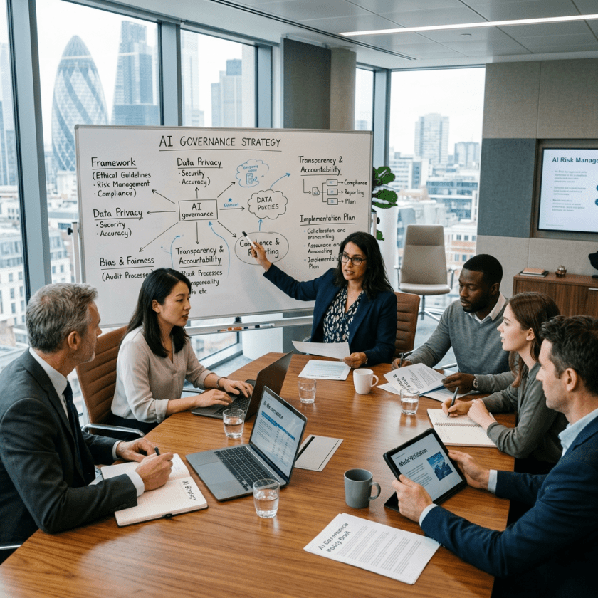 Business team in office meeting discussing AI governance strategy with whiteboard presentation