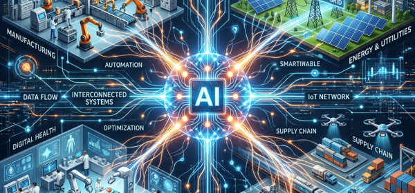 Central AI hub connecting manufacturing, healthcare, energy, and transportation systems