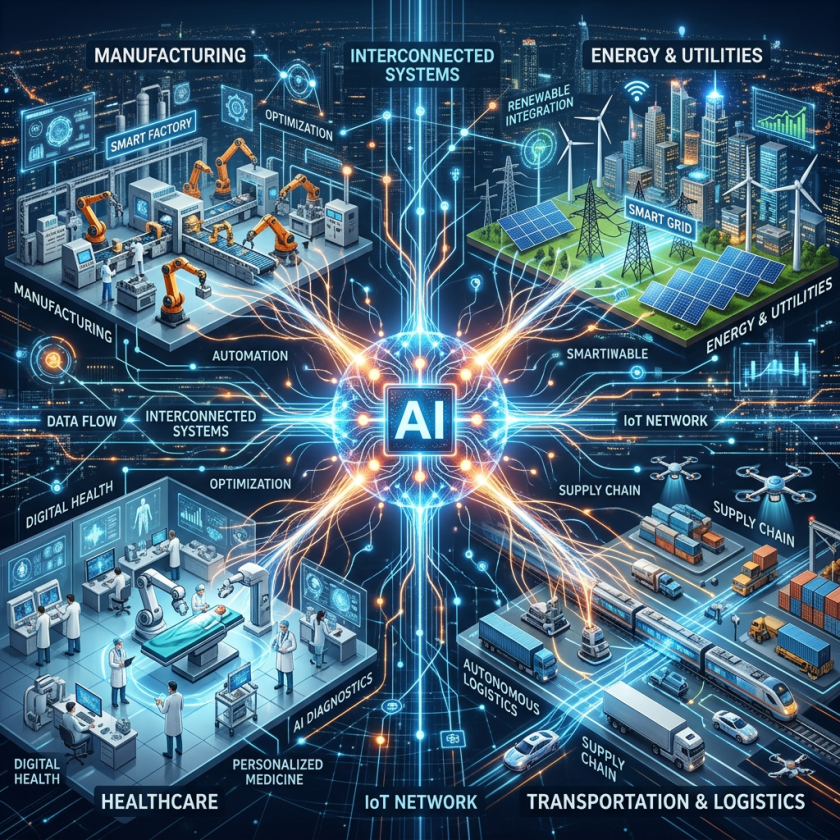 Central AI hub connecting manufacturing, healthcare, energy, and transportation systems
