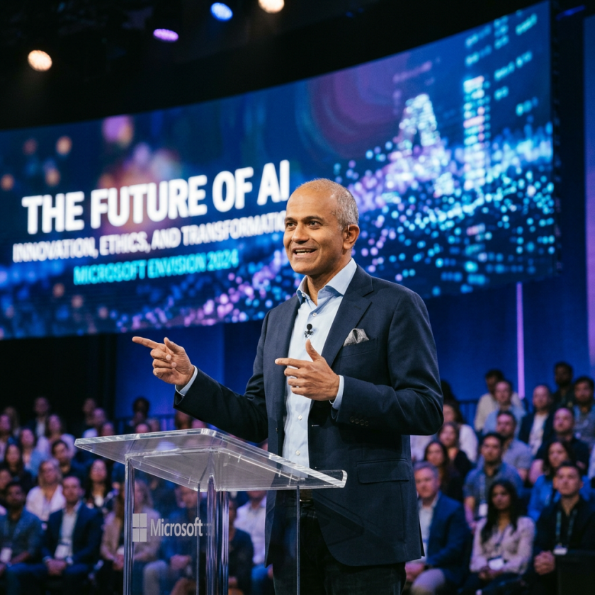 Man giving a keynote speech on AI at Microsoft Envision 2024 event