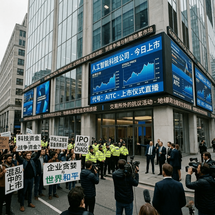 Crowd holding protest signs outside building with AI Tech Corp IPO display