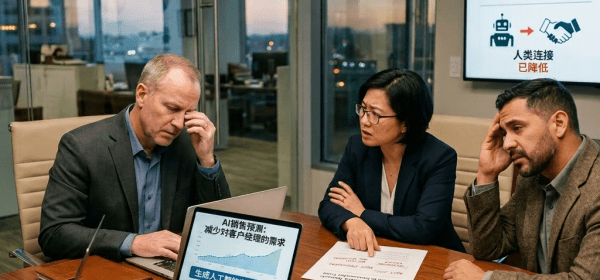 Three business professionals in a meeting looking worried about AI impact on jobs