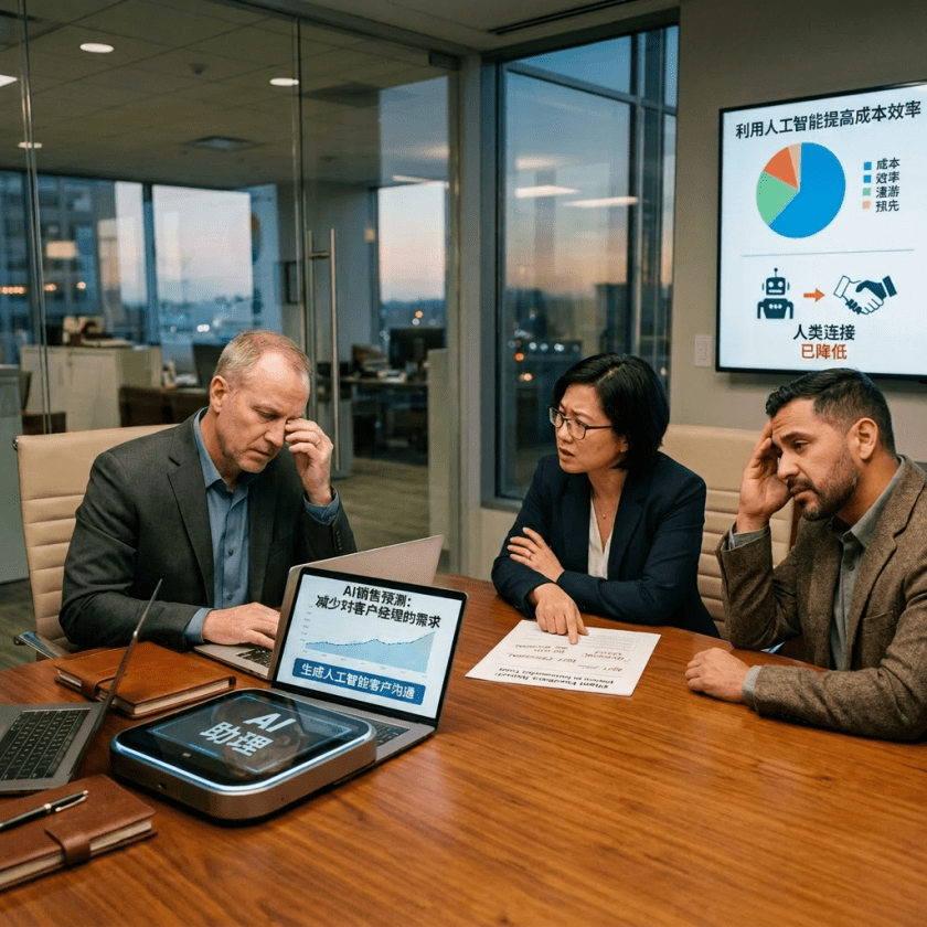 Three business professionals in a meeting looking worried about AI impact on jobs
