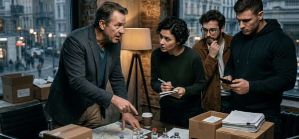 Four people discussing pharmaceutical supplies and logistics at a table