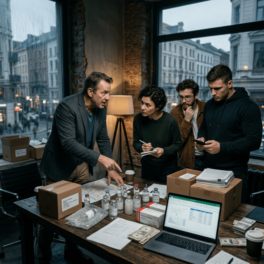 Four people discussing pharmaceutical supplies and logistics at a table