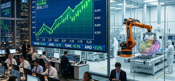 Workstations with stock charts and a large screen showing AI-driven semiconductor market rising graph with growth percentages