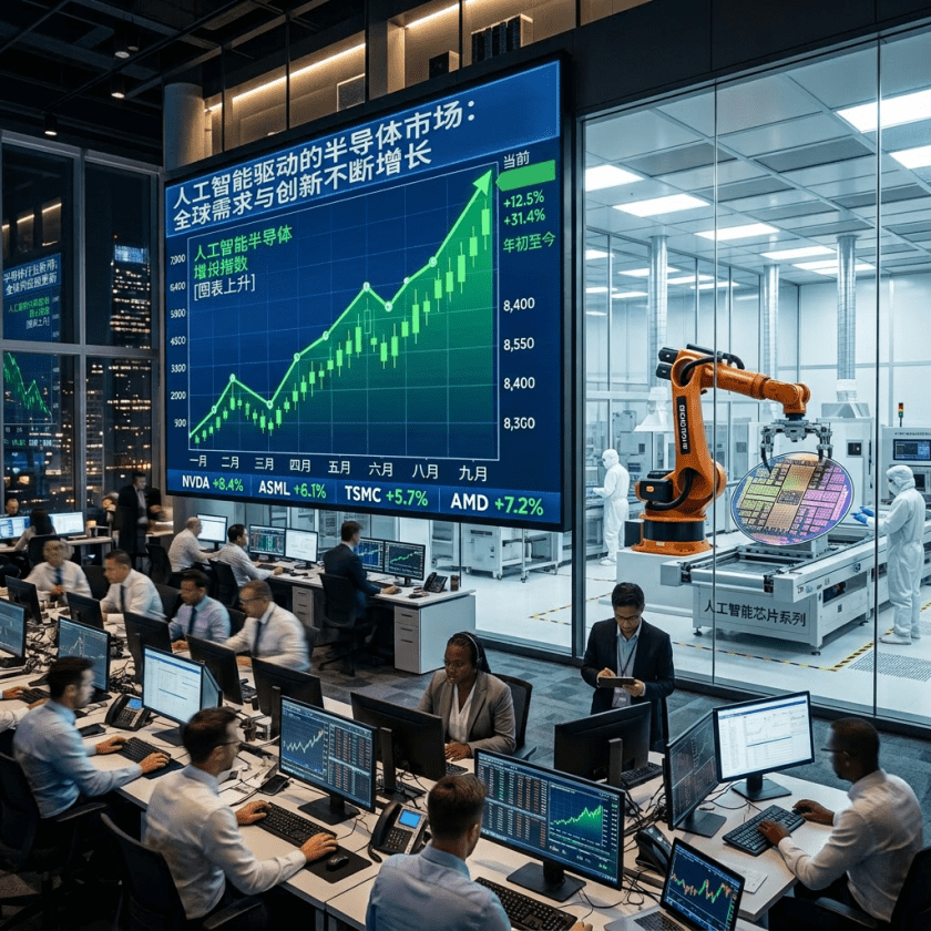 Workstations with stock charts and a large screen showing AI-driven semiconductor market rising graph with growth percentages