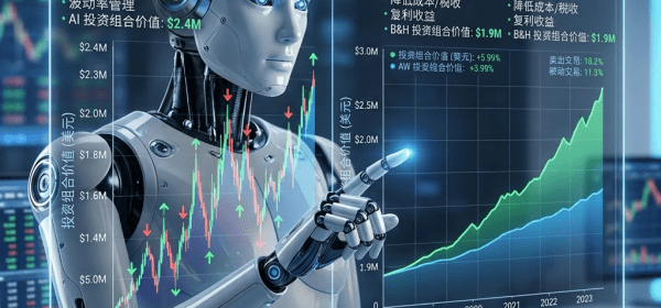 Robot pointing at holographic charts comparing AI-driven trading and buy-and-hold portfolio values