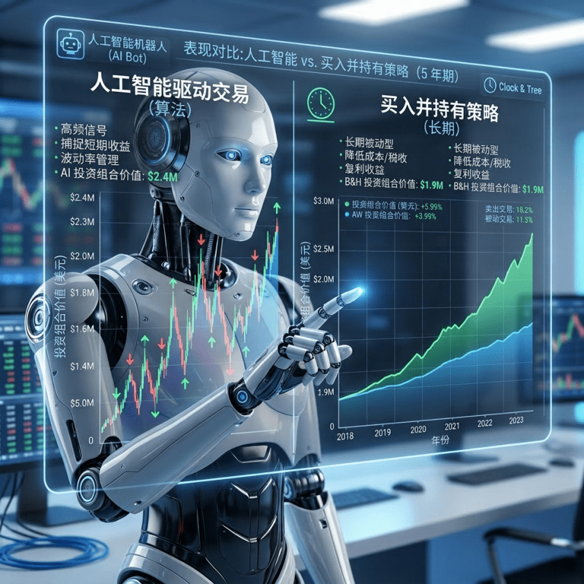 Robot pointing at holographic charts comparing AI-driven trading and buy-and-hold portfolio values