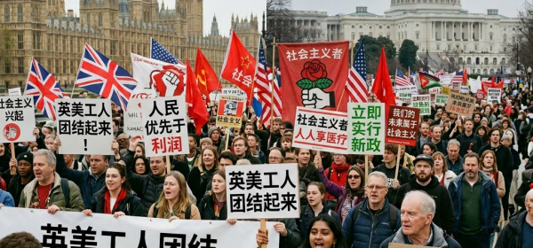Protesters holding socialist banners and flags in front of UK Parliament and US Capitol