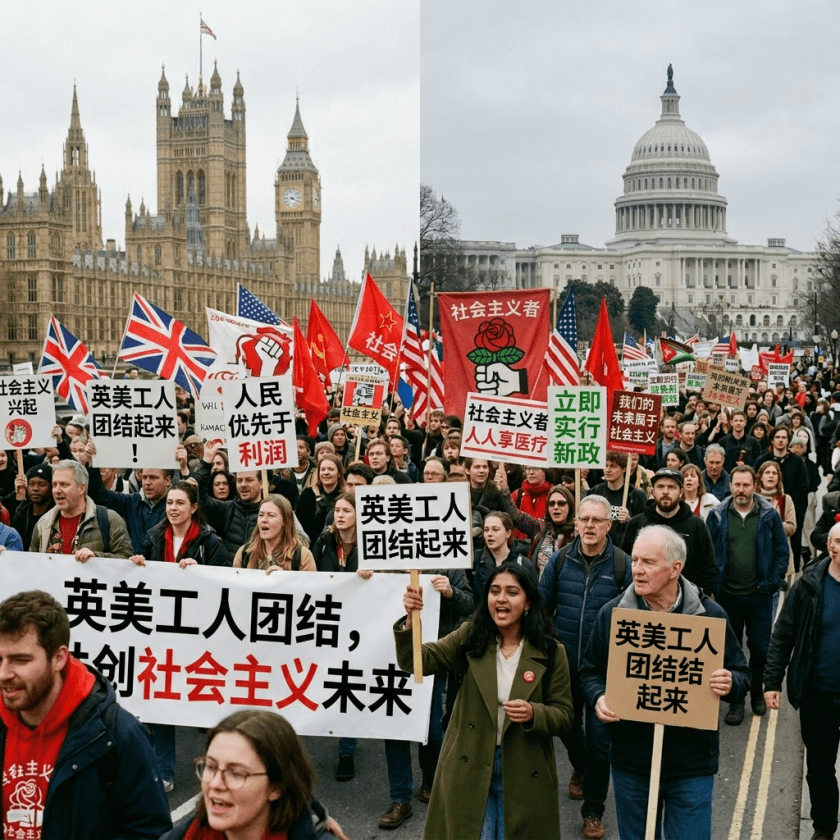 Protesters holding socialist banners and flags in front of UK Parliament and US Capitol