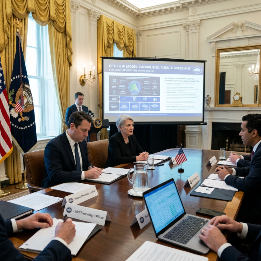 Meeting room with officials discussing GPT-5.6 AI model presentation at the White House