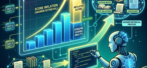 Graph showing AI coding benchmark score inflation due to answer retrieval from knowledge base and external sources