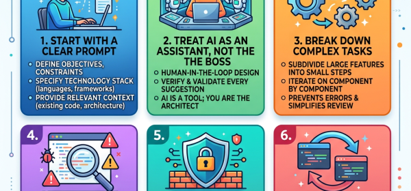 Six AI coding workflow rules illustrated with icons and text