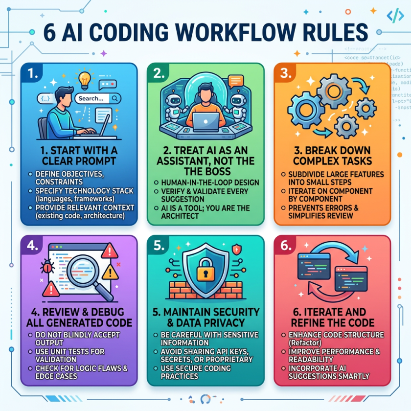 Six AI coding workflow rules illustrated with icons and text