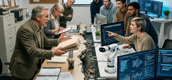 Older and younger employees arguing over AI adoption with torn floor between them