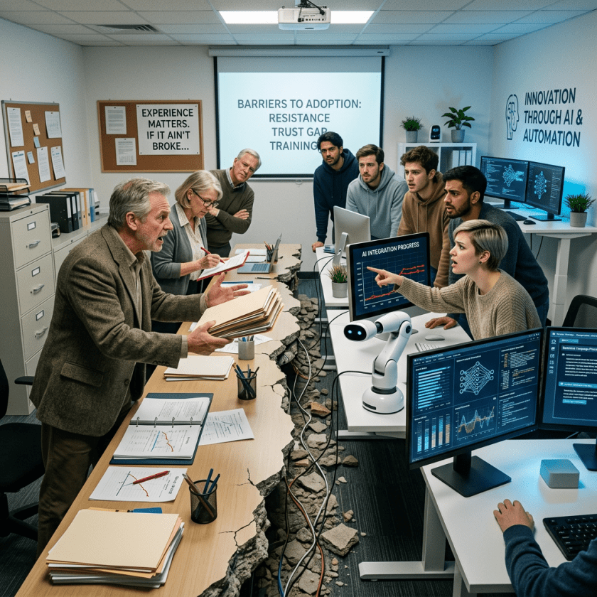 Older and younger employees arguing over AI adoption with torn floor between them