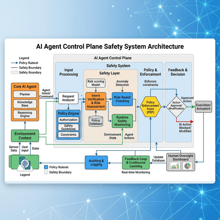 Flowchart of AI agent control plane safety system components and processes