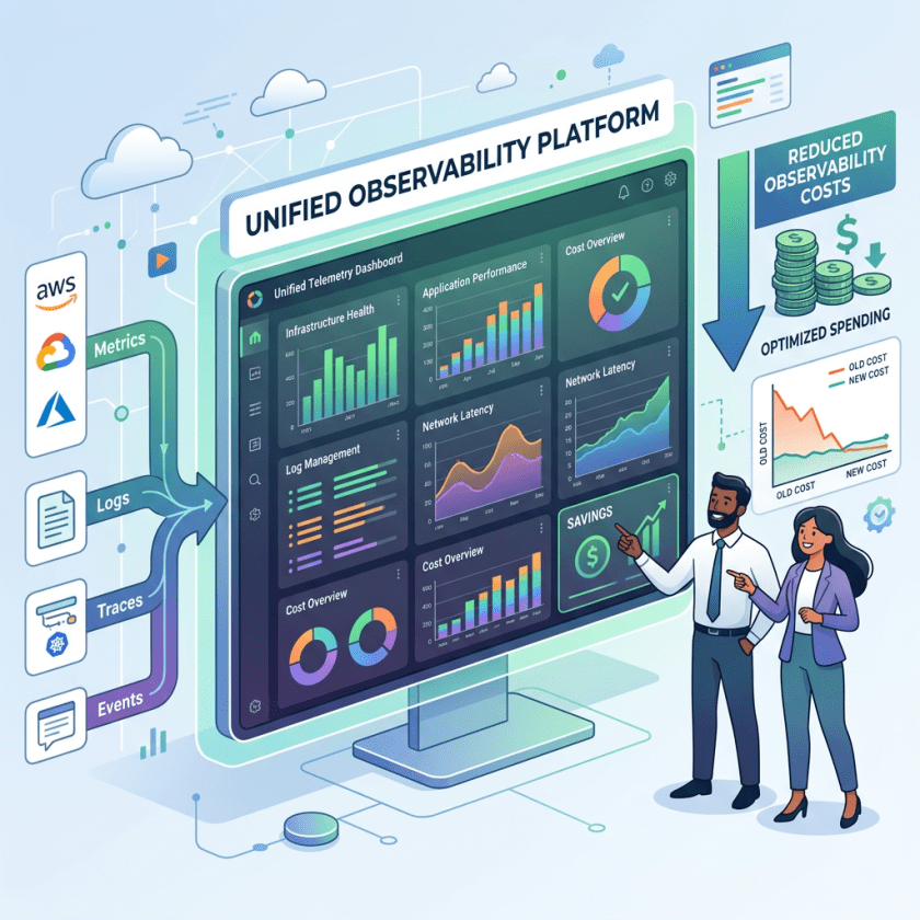 Dashboard showing infrastructure health, application performance, logs, network latency, and cost overview with savings highlighted, alongside icons for AWS, Google Cloud, Azure, and data types metrics, logs, traces, events.