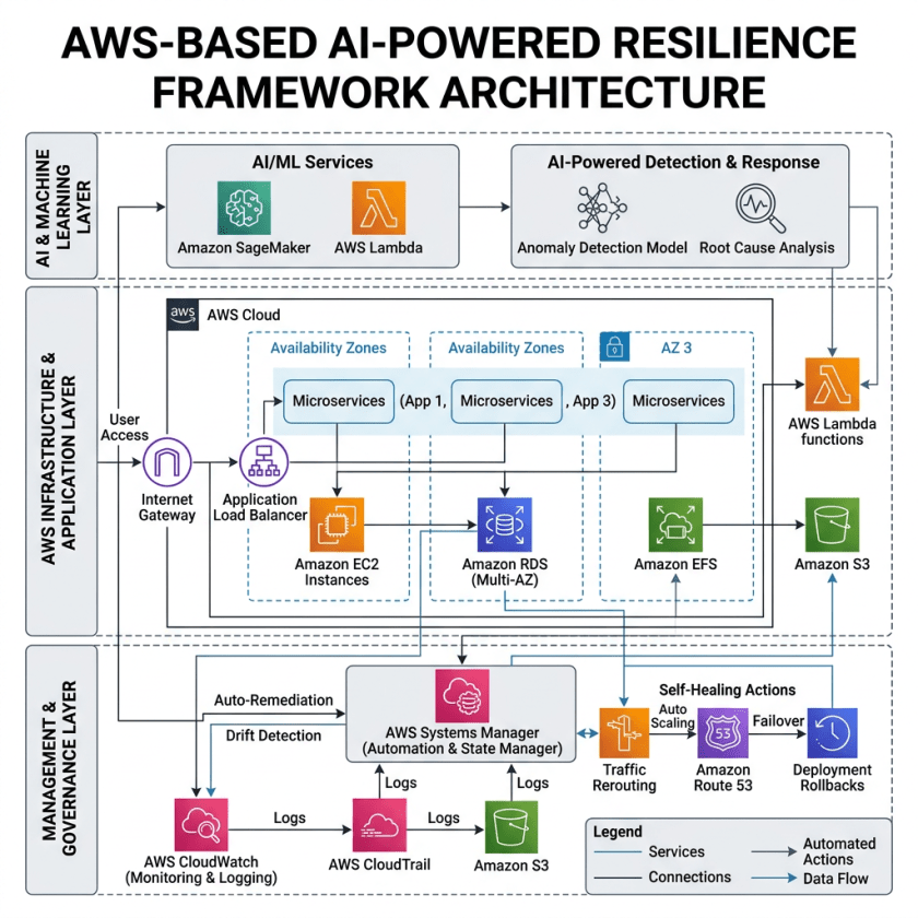 AWS architecture diagram with AI/ML layer, application layer, and management layer showing AWS services like SageMaker, Lambda, EC2, RDS, EFS, S3, CloudWatch, CloudTrail, Systems Manager, and Route 53.