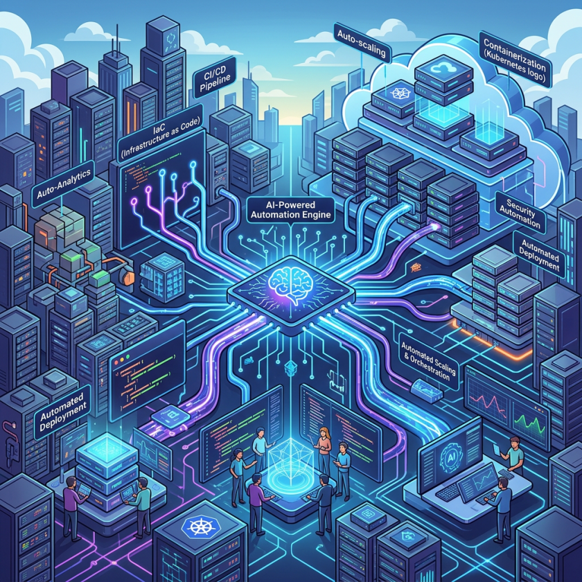 Illustration of AI-powered automation engine connecting various DevOps components like CI/CD pipeline, infrastructure as code, auto-scaling, containerization, security automation, and automated deployment