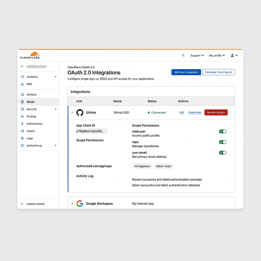 Cloudflare OAuth 2.0 integrations interface displaying GitHub single sign-on setup with status connected and scope permissions