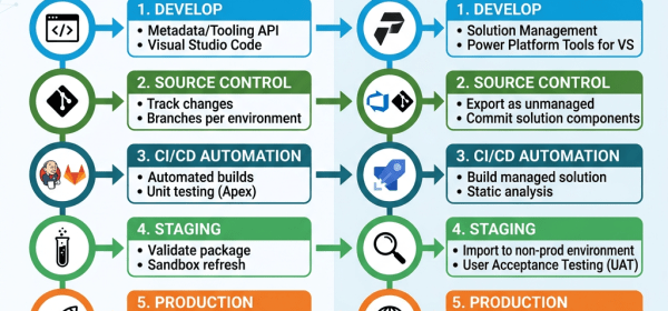 Comparison chart of Salesforce and Microsoft Dynamics 365 CRM DevOps deployment pipelines with stages and key features