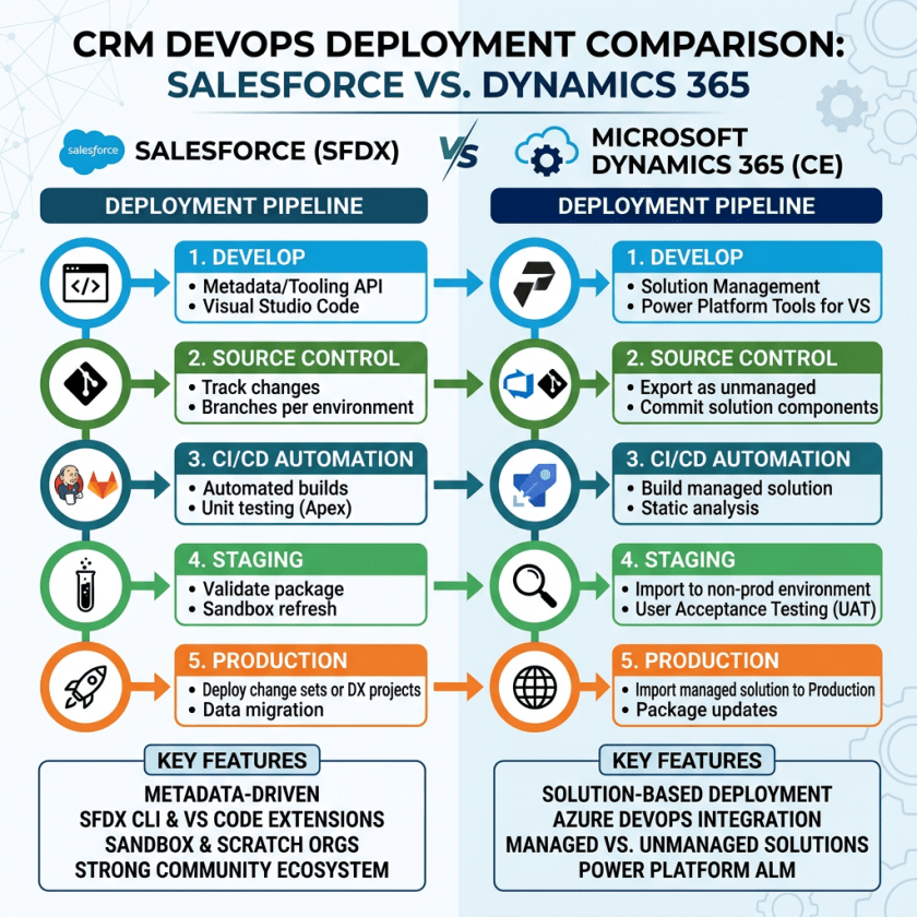 Comparison chart of Salesforce and Microsoft Dynamics 365 CRM DevOps deployment pipelines with stages and key features